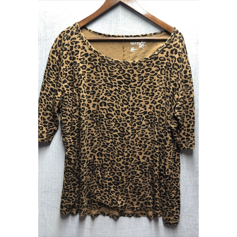 Terra & Sky Womens Top 0X 14W Leopard Boat Neck 3/4 Sleeve Relaxed Casual